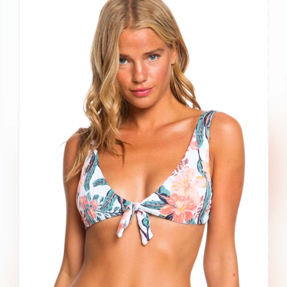 NWT Roxy Floral Tropical Front Tie White Bikini Top Size Small